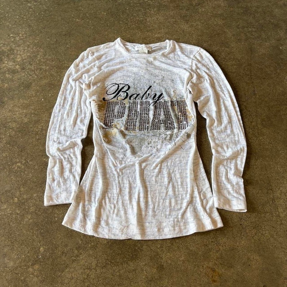 Baby Phat Women Long Sleeve Shirt White Grey Y2K Rhinestone Graphic Small